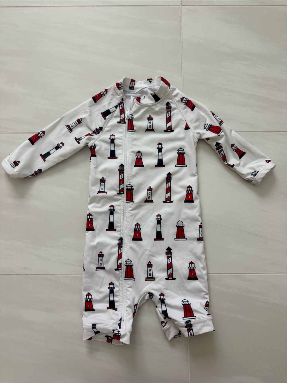 Baby Unisex White One-Piece Swimsuit with Red & Navy Lighthouse Print